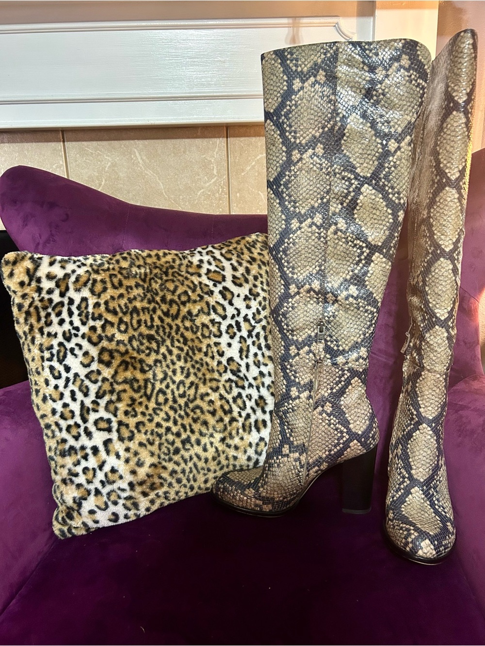 Snake-Print Knee High Boots in Beige and Black - Sam Edelman